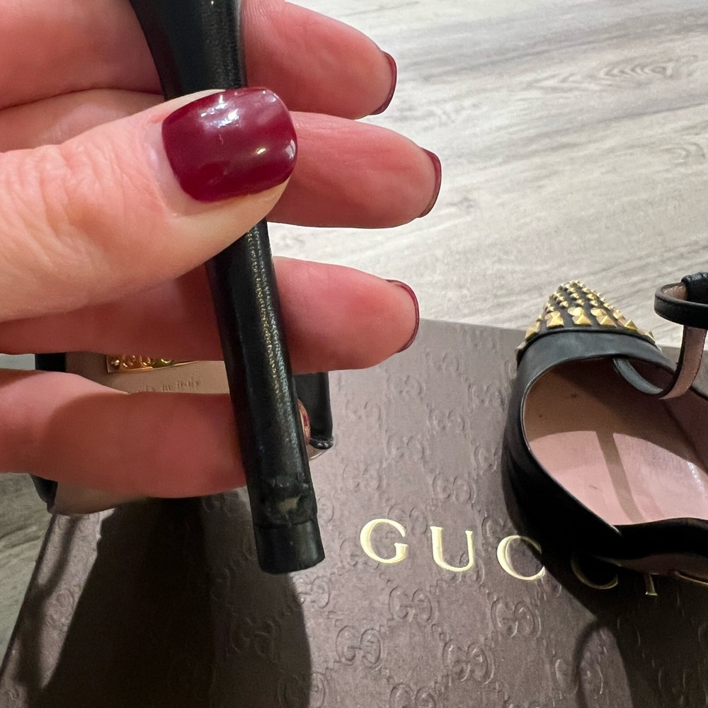 Gucci Malaga Kid Nero Black and Gold Studded T-Strap Heels - Picture 5 of 16